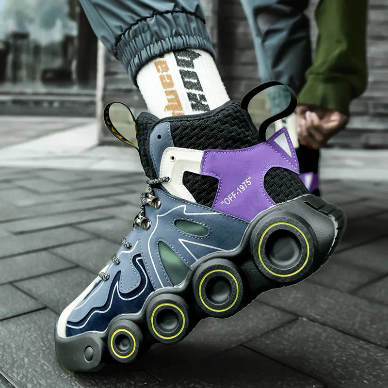 Roller-Inspired Street Sneakers worn in black, with a raised heel showing the yellow-ringed decorative sole