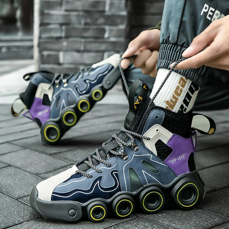 Black Roller-Inspired Street Sneakers worn with gray joggers as the wearer tightens the patterned laces