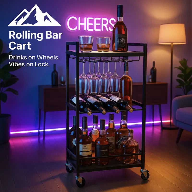 HighPeak Rolling Bar Cart in black with three tiers, glass rack, wine storage, and lockable wheels in modern home setting