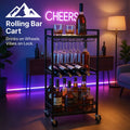 HighPeak Rolling Bar Cart in black with three tiers, glass rack, wine storage, and lockable wheels in modern home setting