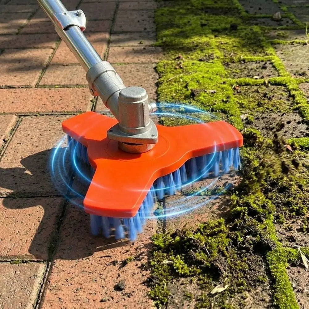 Rotary Surface Cleaning Brush attached to a powered shaft while scrubbing moss from brick pavers