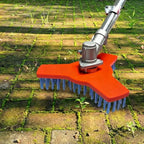 Rotary Surface Cleaning Brush attached to a powered tool and scrubbing a mossy block-paved path