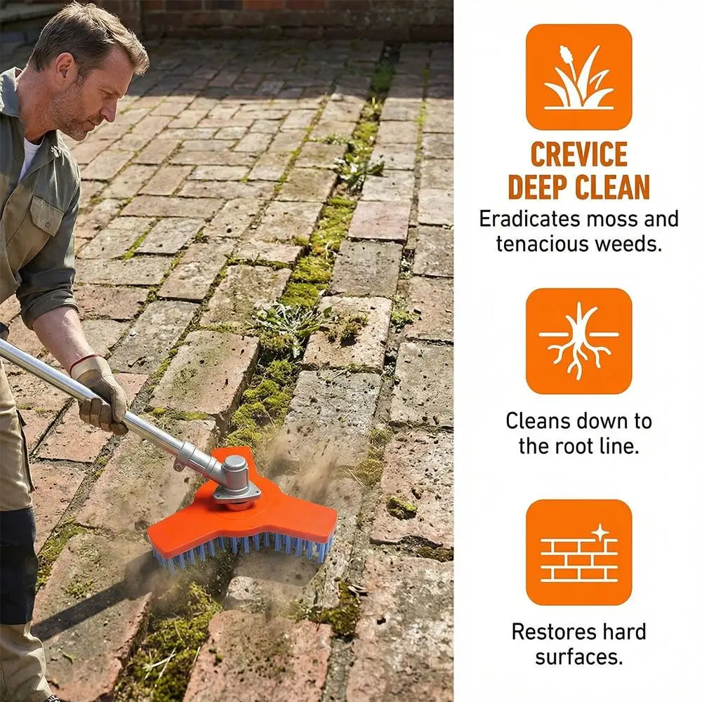 Rotary Surface Cleaning Brush used by a man to remove moss and debris from a paved walkway
