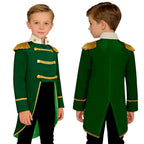Royal Prince Costume green jacket modeled by a boy in front and rear views with black trousers.