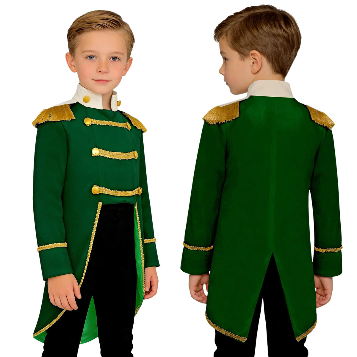Royal Prince Costume green jacket modeled by a boy in front and rear views with black trousers.