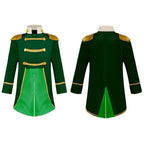 Royal Prince Costume in green, showing the jacket front and back with gold fringe and long tails.