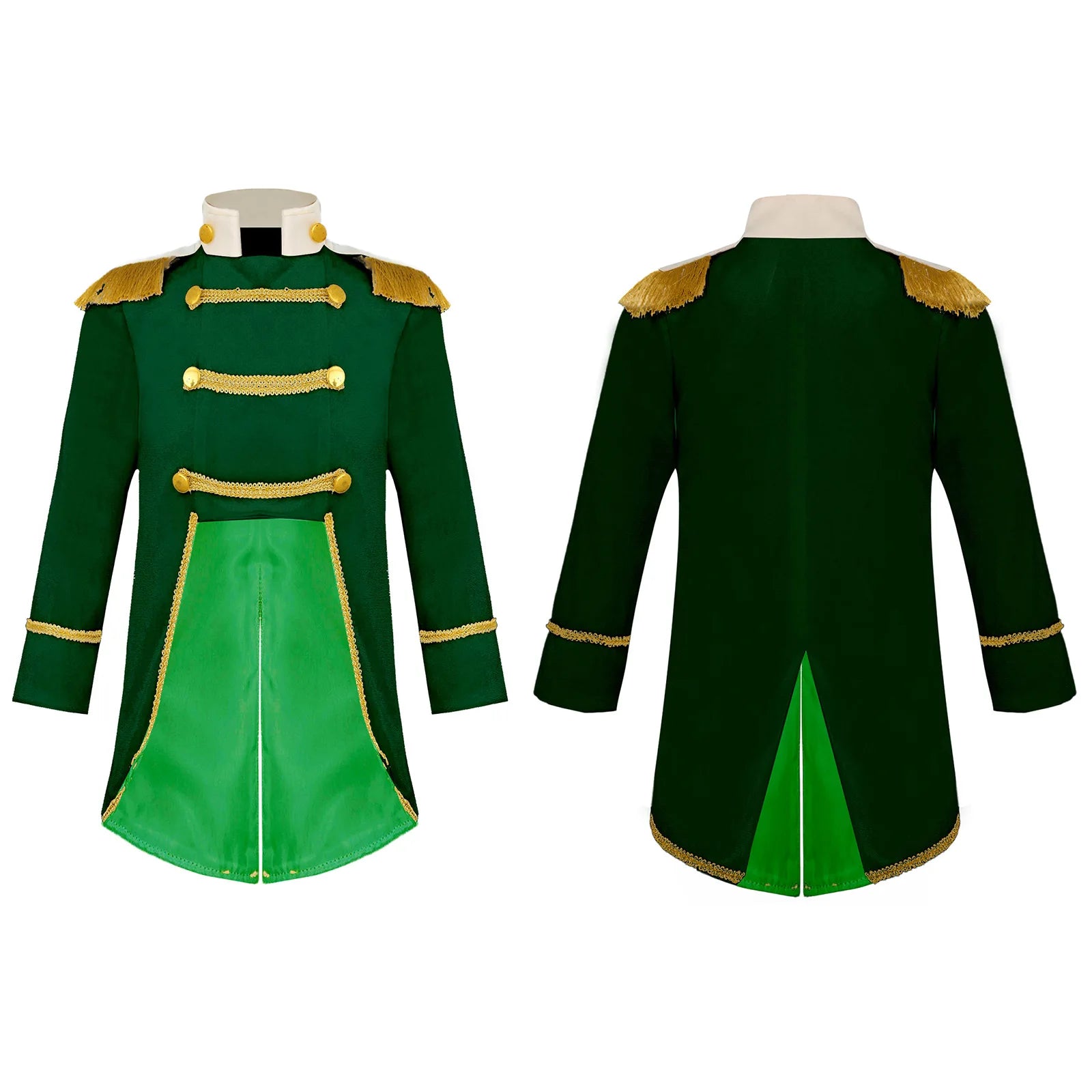 Royal Prince Costume in green, showing the jacket front and back with gold fringe and long tails.