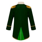 Royal Prince Costume green jacket back view showing the long split tail and gold-trimmed hem.
