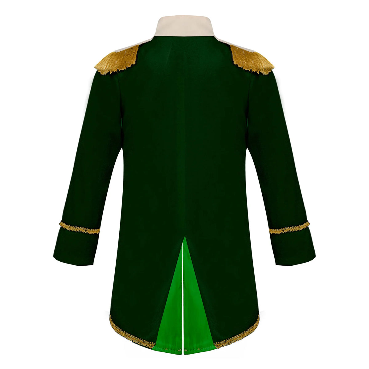 Royal Prince Costume green jacket back view showing the long split tail and gold-trimmed hem.