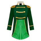 Royal Prince Costume green jacket front view with cream stand collar, gold shoulder fringe, and braided trim.