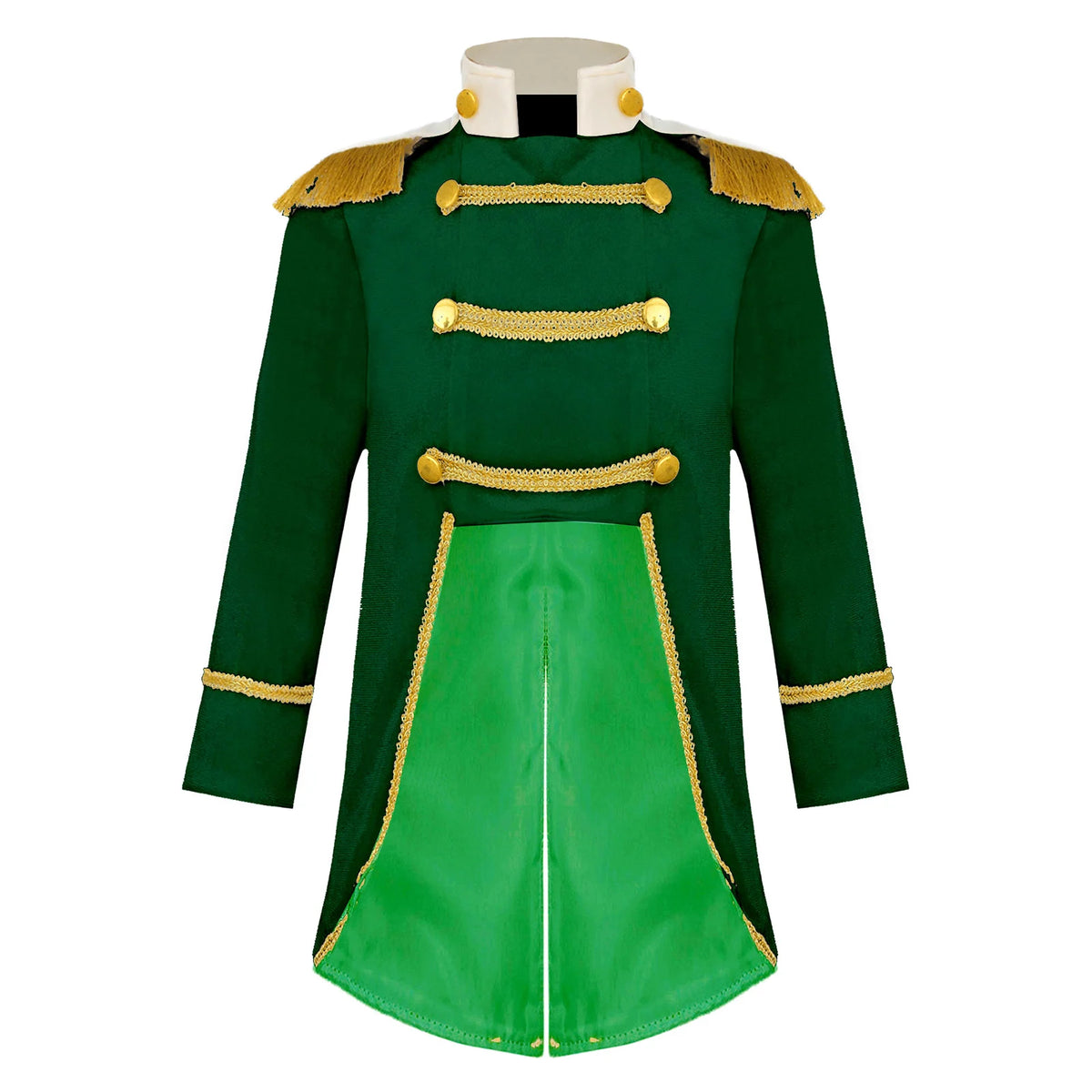 Royal Prince Costume green jacket front view with cream stand collar, gold shoulder fringe, and braided trim.