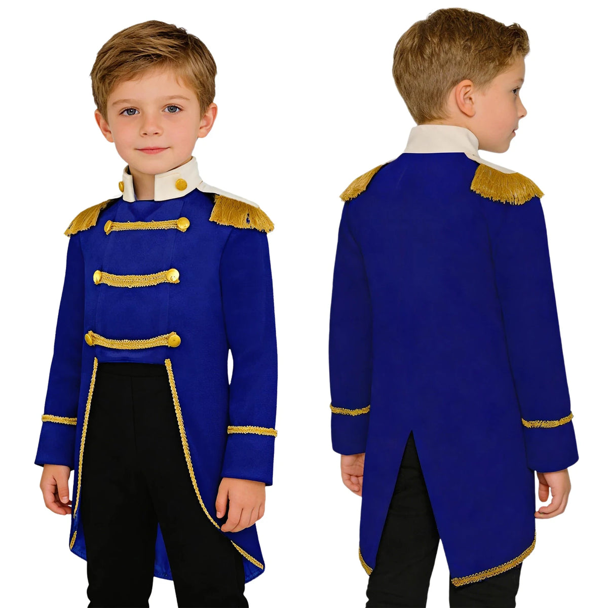 Royal Prince Costume royal blue jacket worn by a boy, showing gold chest trim and the long back.