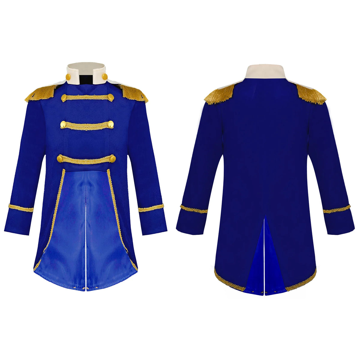 Royal Prince Costume in royal blue, showing front and back views with a cream collar and gold trim.
