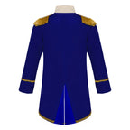 Royal Prince Costume royal blue jacket rear view showing gold shoulder fringe and the split tail.