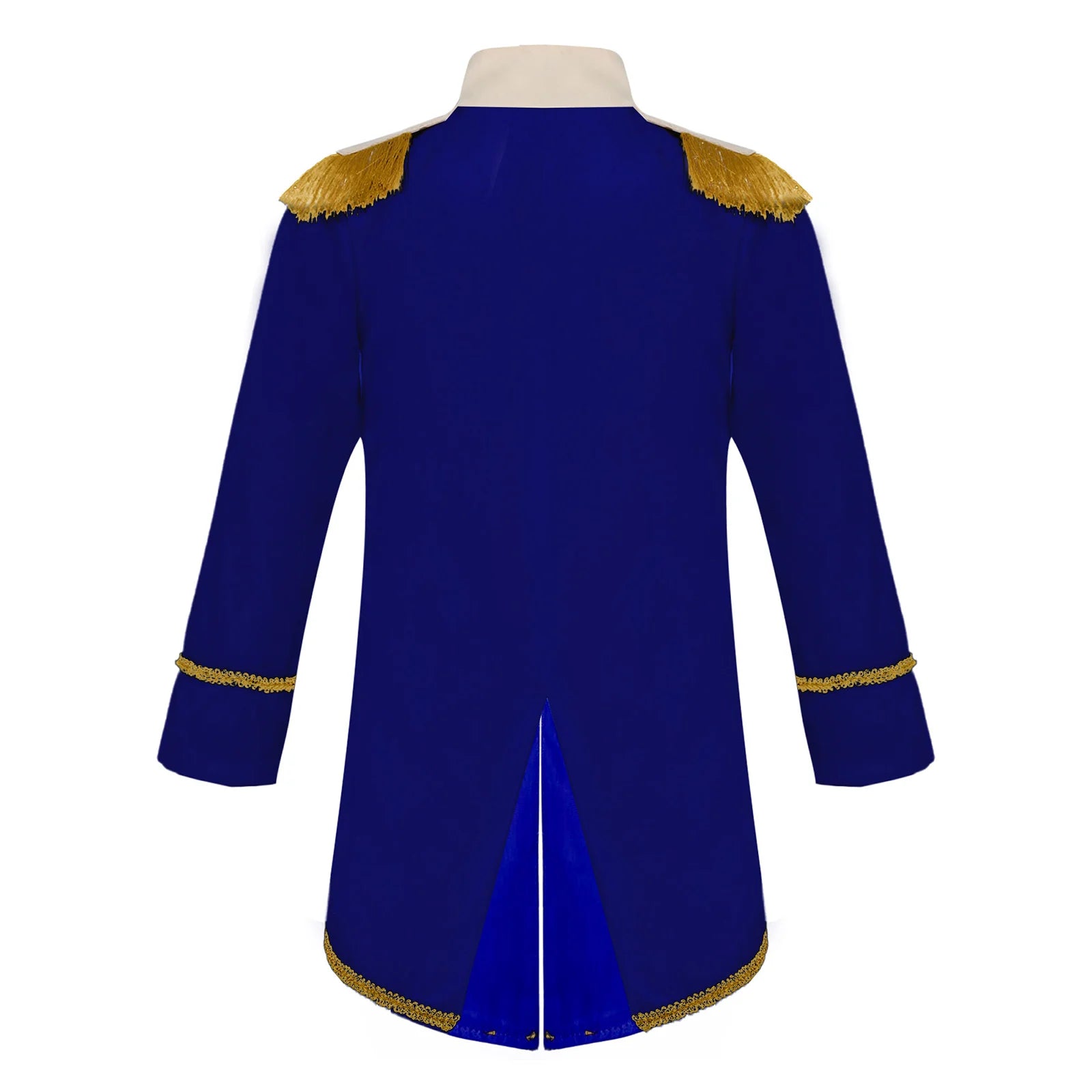 Royal Prince Costume royal blue jacket rear view showing gold shoulder fringe and the split tail.