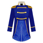 Royal Prince Costume royal blue jacket front view with three gold chest braids and a curved tailcoat opening.