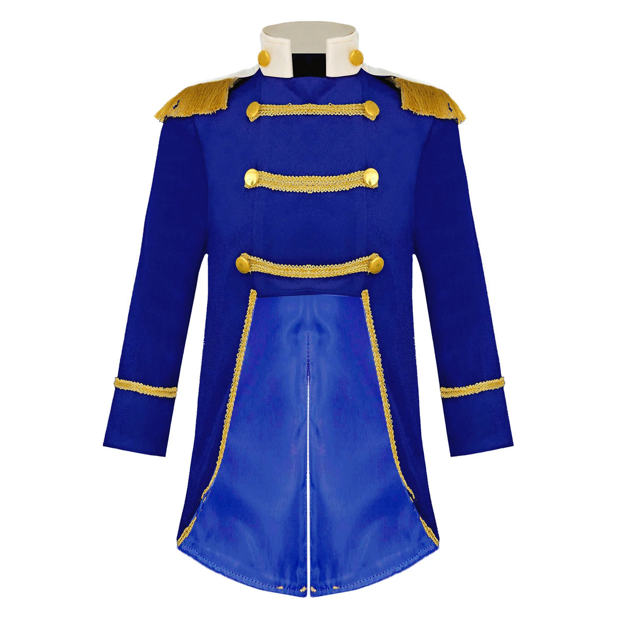 Royal Prince Costume royal blue jacket front view with three gold chest braids and a curved tailcoat opening.