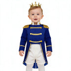 Royal Prince Costume royal blue jacket styled on a toddler with a gold crown and white shorts.