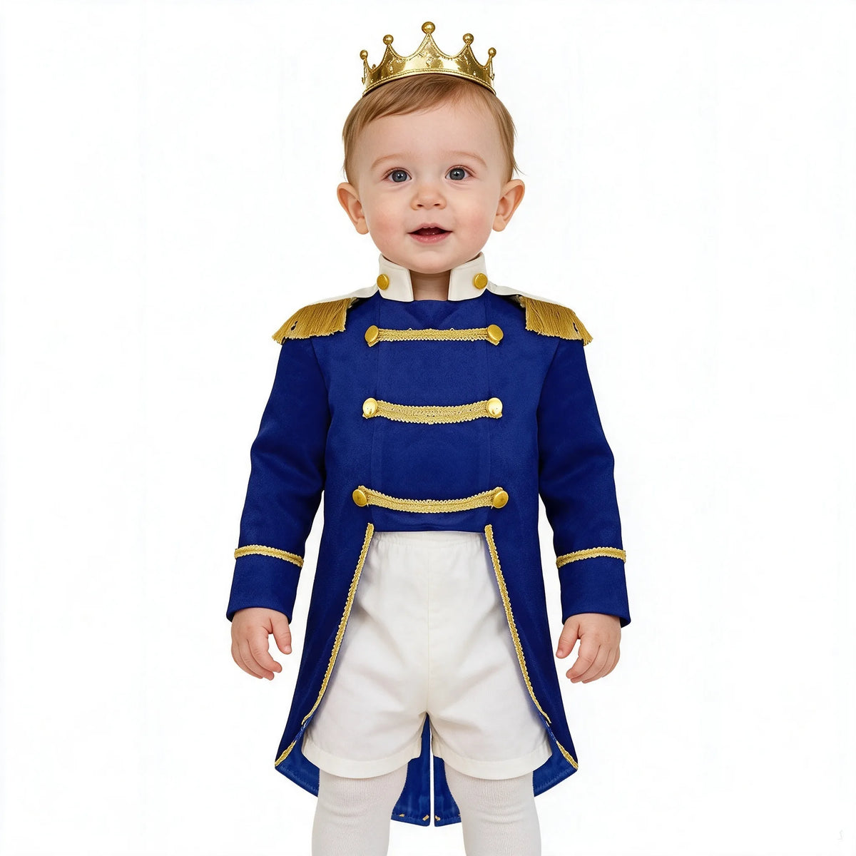 Royal Prince Costume royal blue jacket styled on a toddler with a gold crown and white shorts.