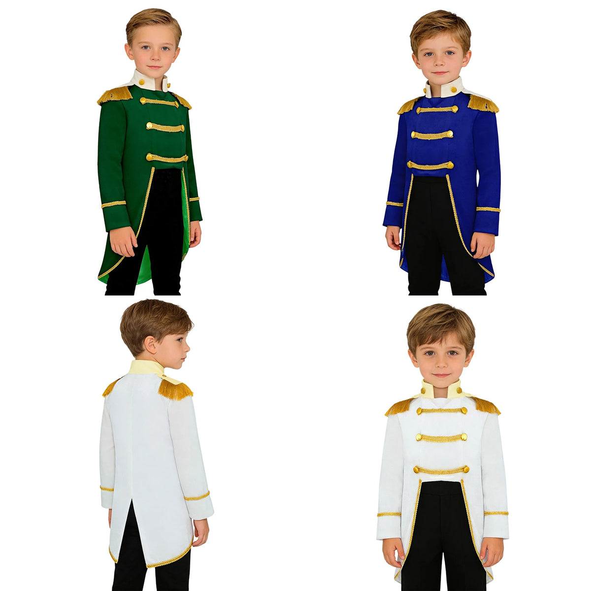 Royal Prince Costume comparison showing boys wearing green, royal blue, and white tailcoat jackets.