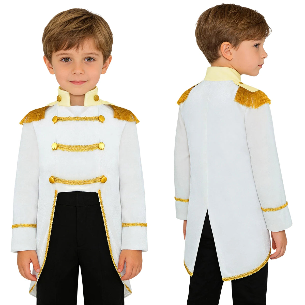 Royal Prince Costume white jacket worn by a boy, showing the front details and rear tailcoat shape.