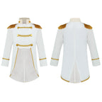 Royal Prince Costume in white, with front and back views of the gold-trimmed tailcoat jacket.