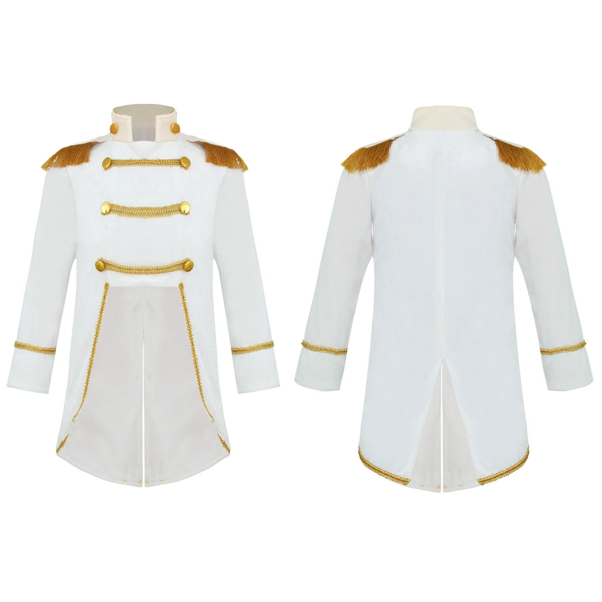 Royal Prince Costume in white, with front and back views of the gold-trimmed tailcoat jacket.