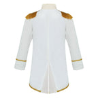 Royal Prince Costume white jacket back view with shoulder fringe, cuff trim, and gold edging around the split tail.