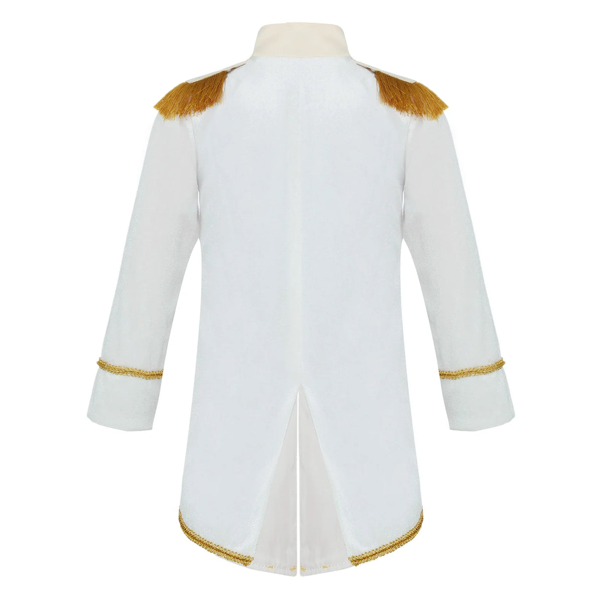 Royal Prince Costume white jacket back view with shoulder fringe, cuff trim, and gold edging around the split tail.