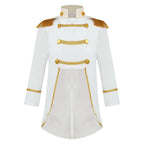 Royal Prince Costume white jacket front view showing cream collar, decorative gold buttons, and curved gold edging.
