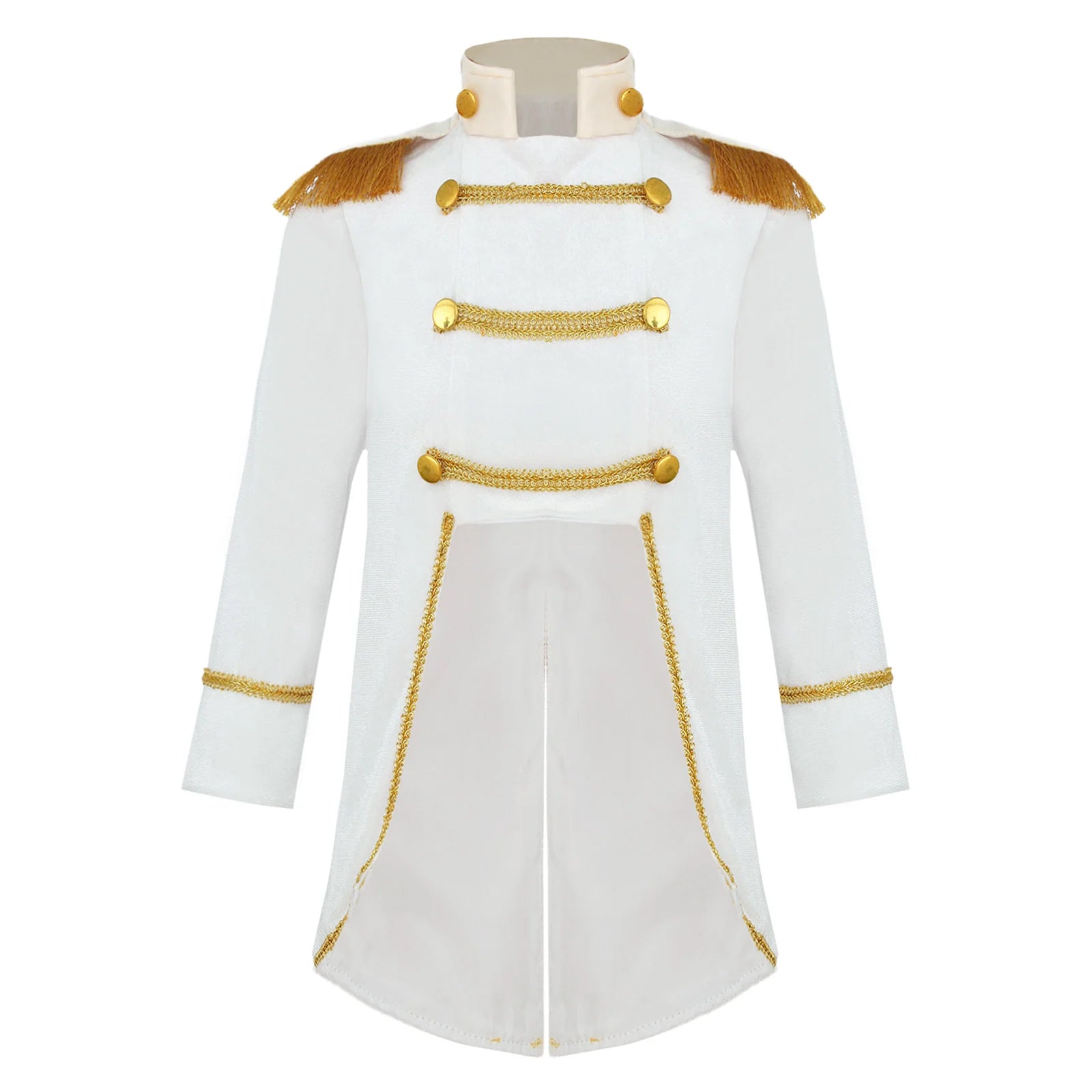 Royal Prince Costume white jacket front view showing cream collar, decorative gold buttons, and curved gold edging.