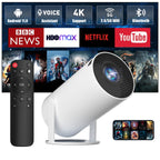 Upgrade to A Higher End Projector by HighPeak showing white 4K projector, black remote, streaming apps, and phone interface