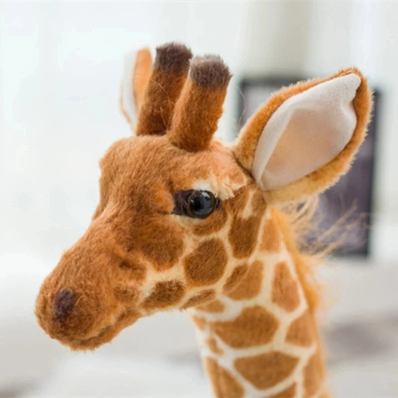 Safari Giraffe Stuffed Animal close-up of the face, dark eye, pale ear and soft horns.