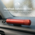 HighPeak SafeStrike™ emergency car escape tool in red on dashboard with cracked windshield, ready for quick glass breaking.