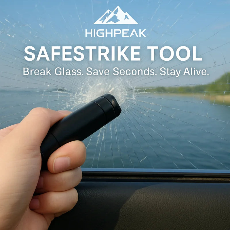 HighPeak SafeStrike™ Emergency Car Escape Tool breaking car window glass, compact black design for quick escape.
