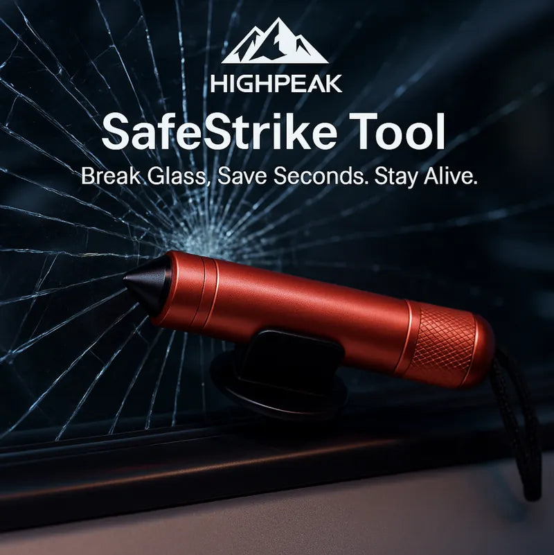 HighPeak SafeStrike™ emergency car escape tool in red breaking car window glass for quick escape safety.