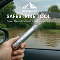 HighPeak SafeStrike™ emergency car escape tool breaking car window glass in flood setting for quick escape.
