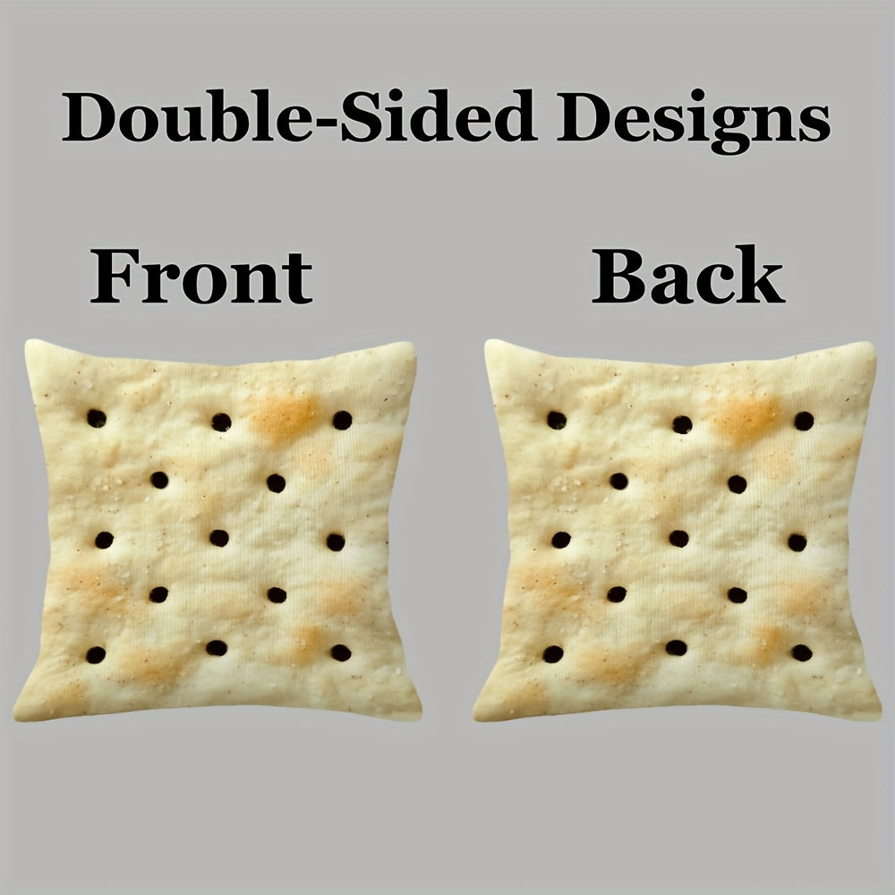Saltine Cracker Pillow Cover shown from the front and back to demonstrate its double-sided print