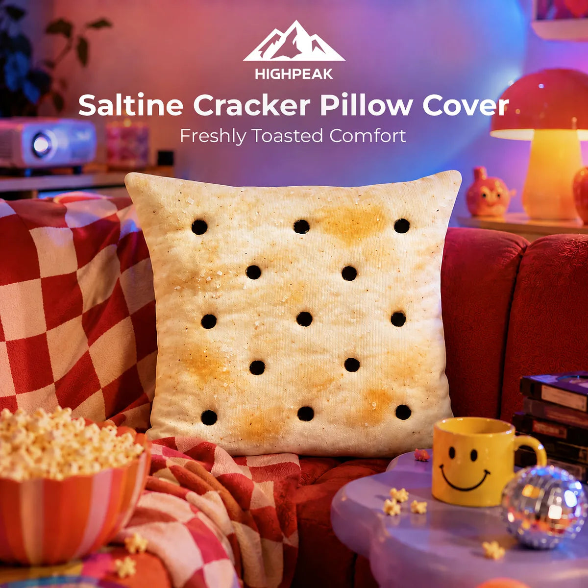 A novelty throw pillow designed to look like a toasted saltine cracker, styled on a red couch in a cozy movie-night setting with popcorn, a yellow smiley face mug, and ambient blue and red lighting. The HighPeak brand logo and text are visible at the top.