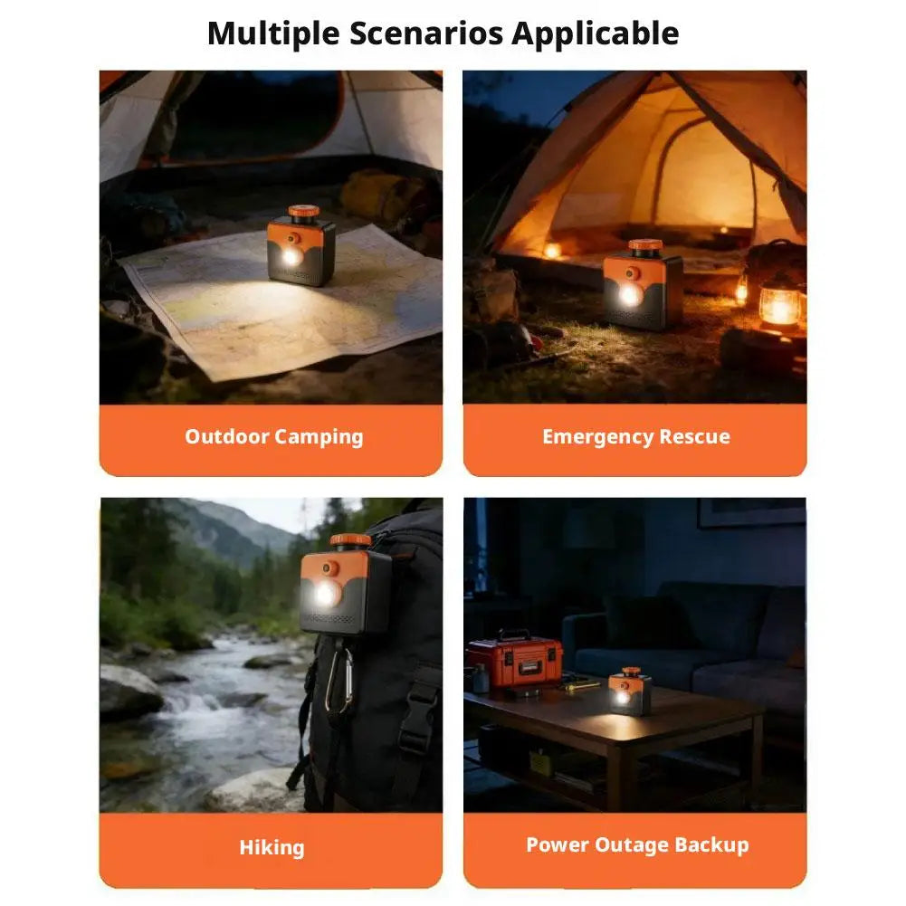 Saltwater Emergency Light collage showing map reading, campsite, backpack and home table scenes