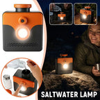 Saltwater Emergency Light collage combining a front view, refill demonstration and campsite with a seated camper