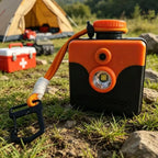 Saltwater Emergency Light at a daytime campsite, showing its unlit LED, orange cord and black attachment clip