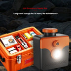 Saltwater Emergency Light beside an open orange emergency kit, with a supplier storage-claim overlay