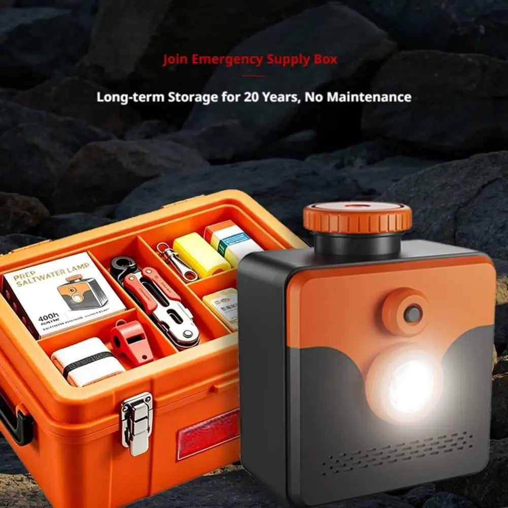 Saltwater Emergency Light beside an open orange emergency kit, with a supplier storage-claim overlay