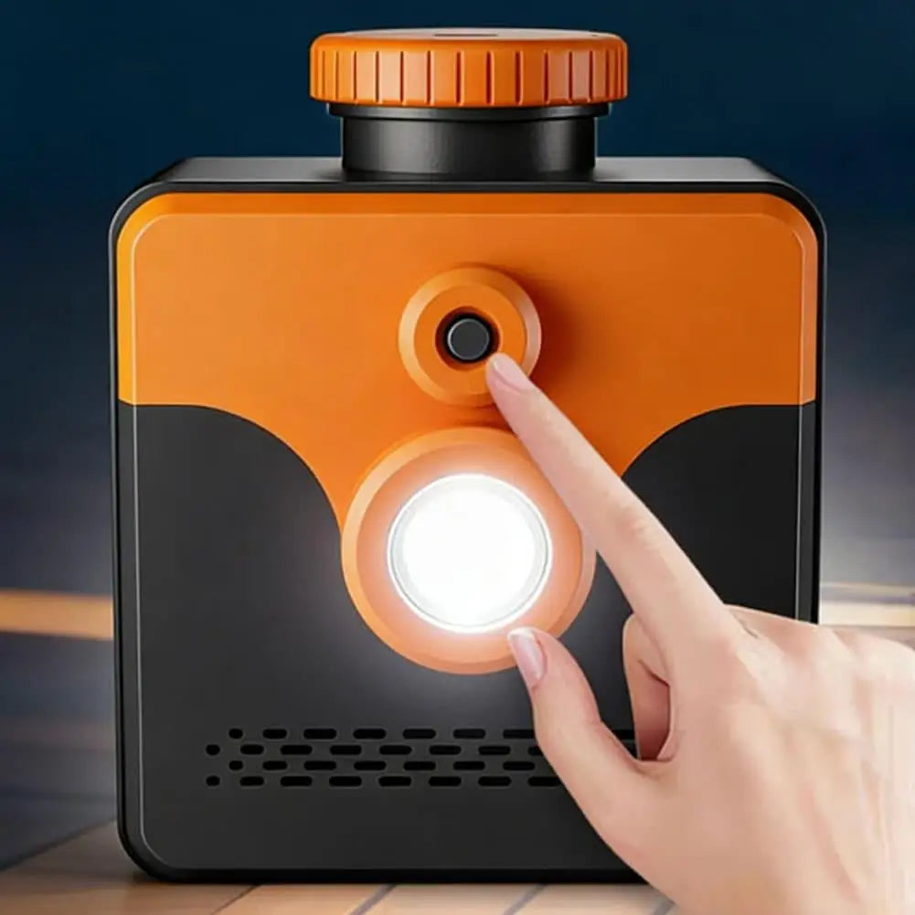 Saltwater Emergency Light close-up showing a finger pressing the front button above the illuminated LED