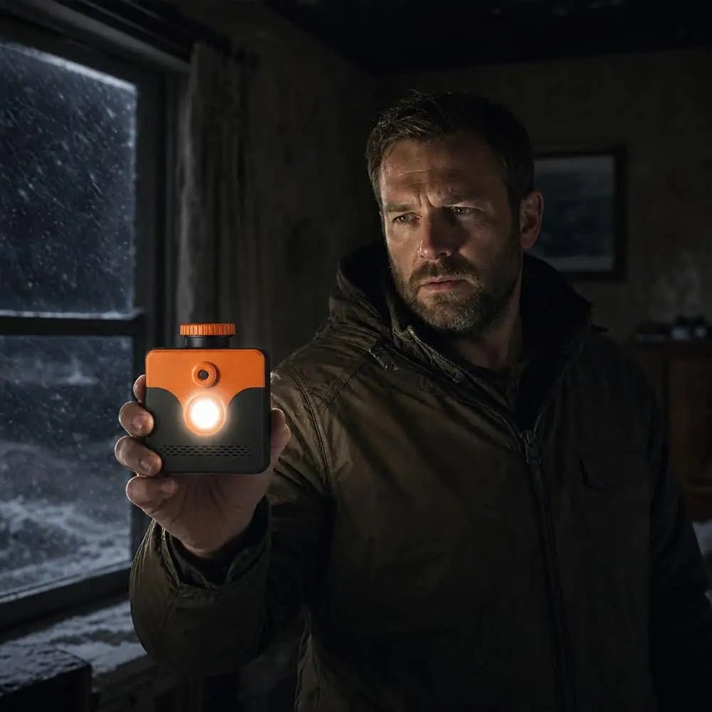 Saltwater Emergency Light held in one hand indoors, showing its orange cap and illuminated front LED