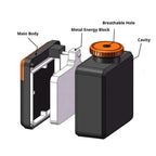 Saltwater Emergency Light exploded diagram showing the main body, metal energy block, reservoir and vented cap