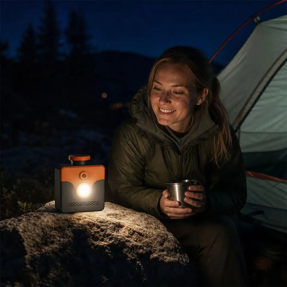 Saltwater Emergency Light glowing on a rock beside a seated camper and tent at night