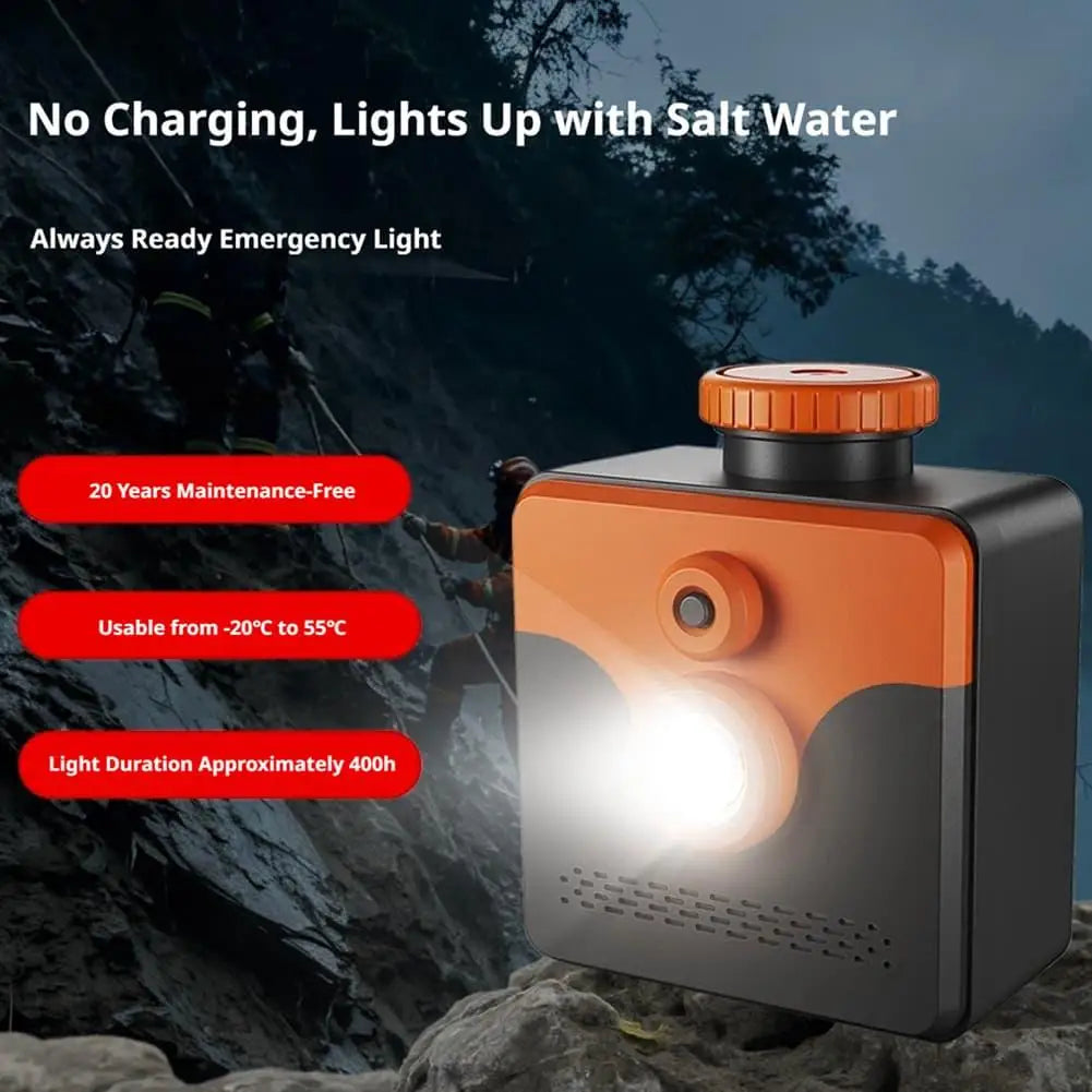 Saltwater Emergency Light on rocks with supplier overlays about activation, storage, temperature and runtime