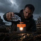 Saltwater Emergency Light in an outdoor scene with a person pouring water toward the orange reservoir cap